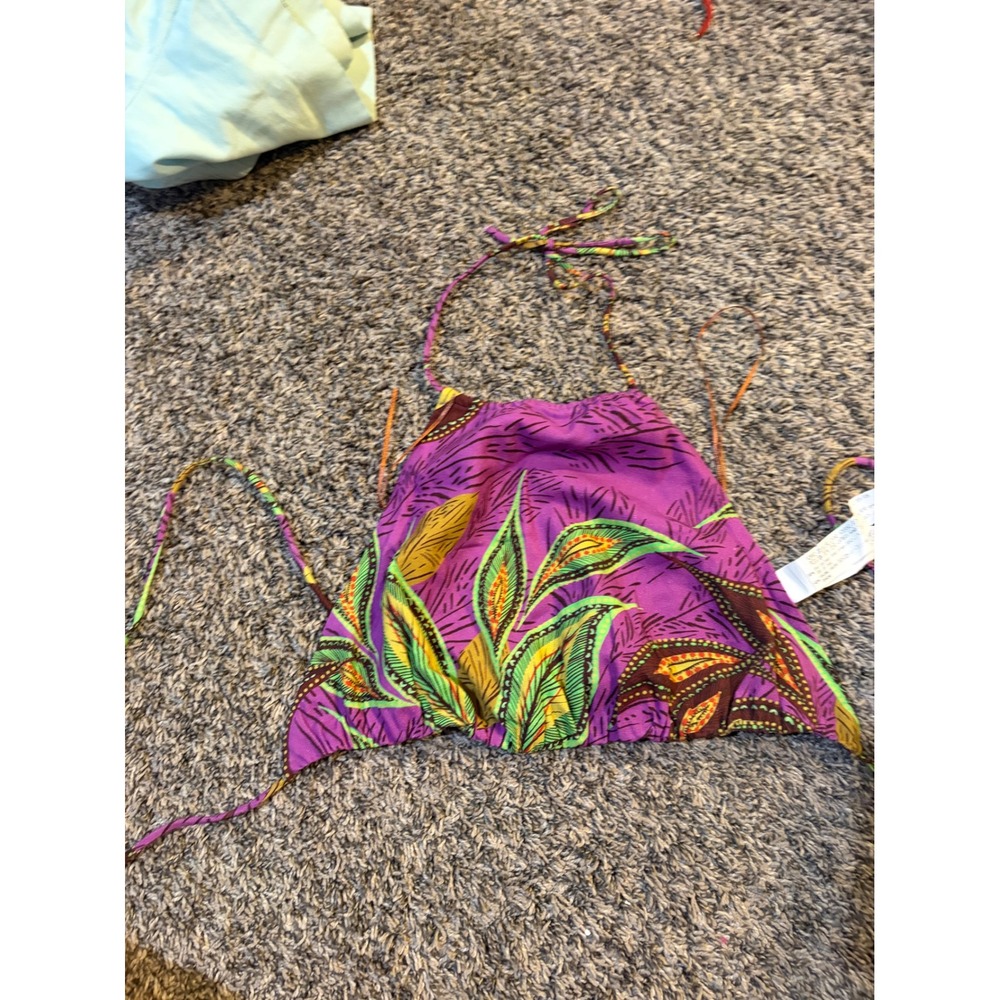 Zara Women Purple Tropical Leaf Print Halter Neck Crop Top XS Summer Festival
